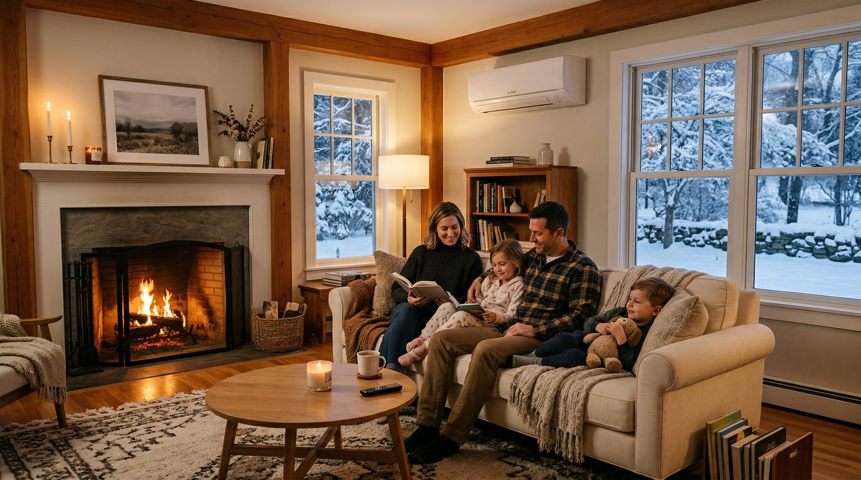 Family relaxing in a warm, cozy living room with a modern ductless heat pump during a Maine winter