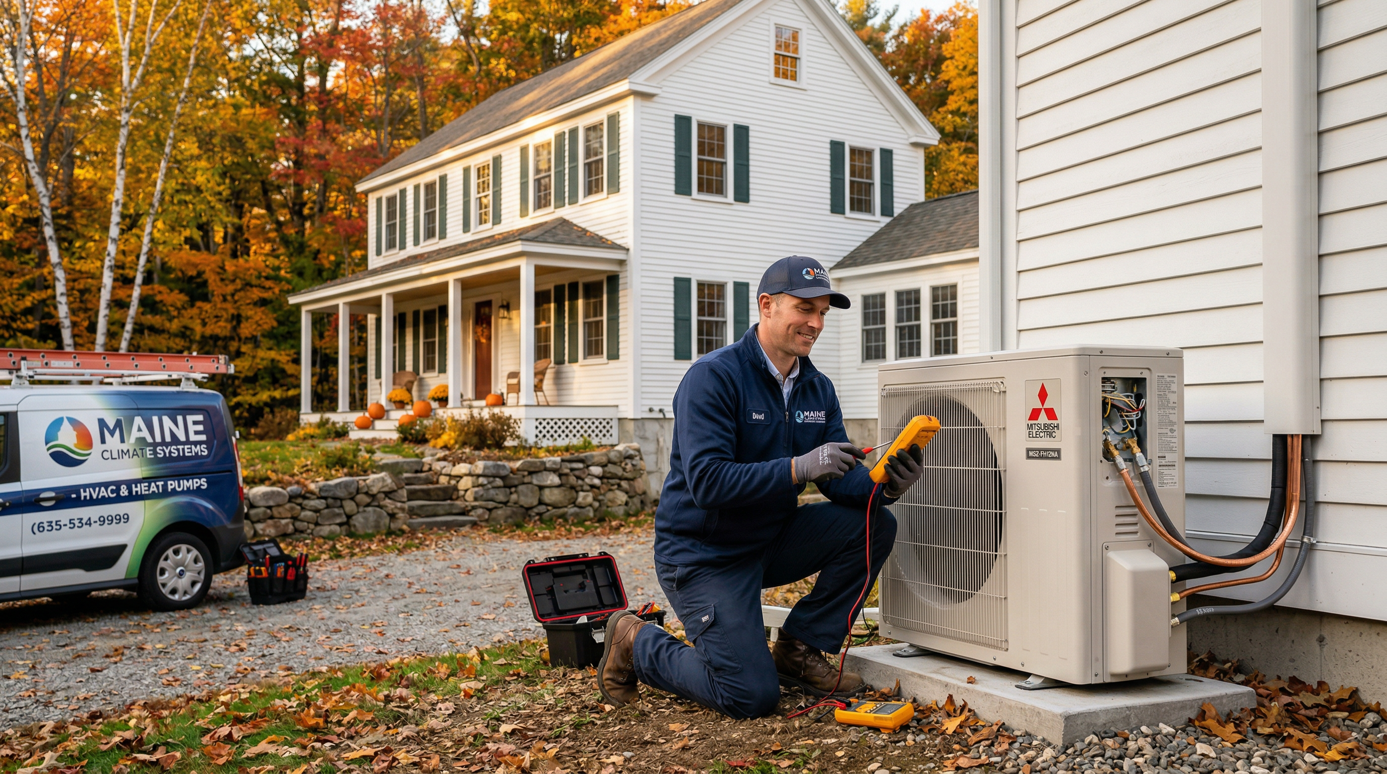 HVAC technician servicing a heat pump outside a beautiful New England home in autumn